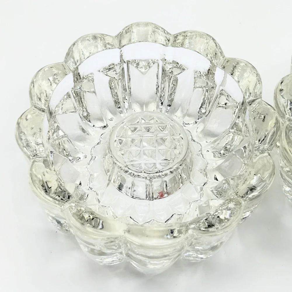 Vintage Clear Glass Scalloped Bubble Candle Holder Set Taper Tea Light Pair 4in